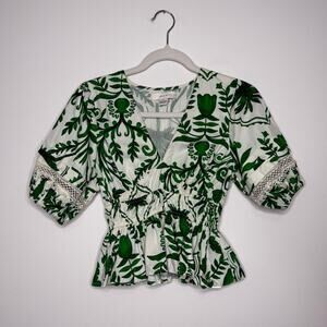 Green Botanical Blouse Euro Summer Peplum Puff Sleeve Cottagecore Top